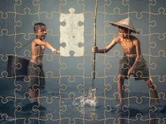 Spel Children Fishing Teamwork Jigsaw på nätet
